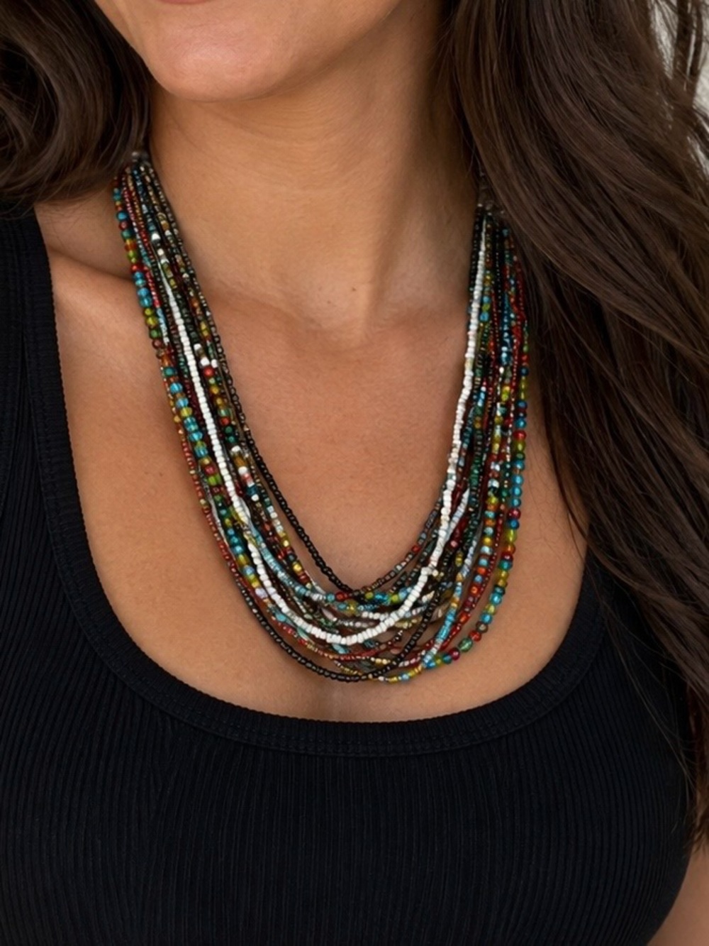 Multicolor Seed Bead Multi-Strand Necklace Boho Tribal Statement Jewelry